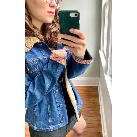 Vintage Y2K 90s Denim April Cornell Faux Fur Pink Floral Trim Jean Jacket L - Picture 4 of 11